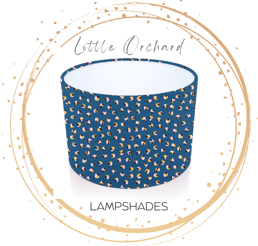 Handmade Drum Lampshade. Leopard Dots. Denim / Milkshake. Scion