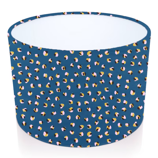 Handmade Drum Lampshade. Leopard Dots. Denim / Milkshake. Scion